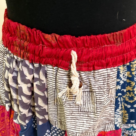 Boho Patchwork Freesize Maxi Skirt with Red elastic Waistband - Picture 3 of 4